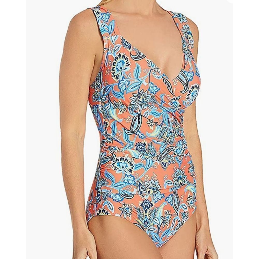 Jantzen's Womens orange Persephone Floral Surplice One Piece Swimsuit Si… - Picture 10 of 12